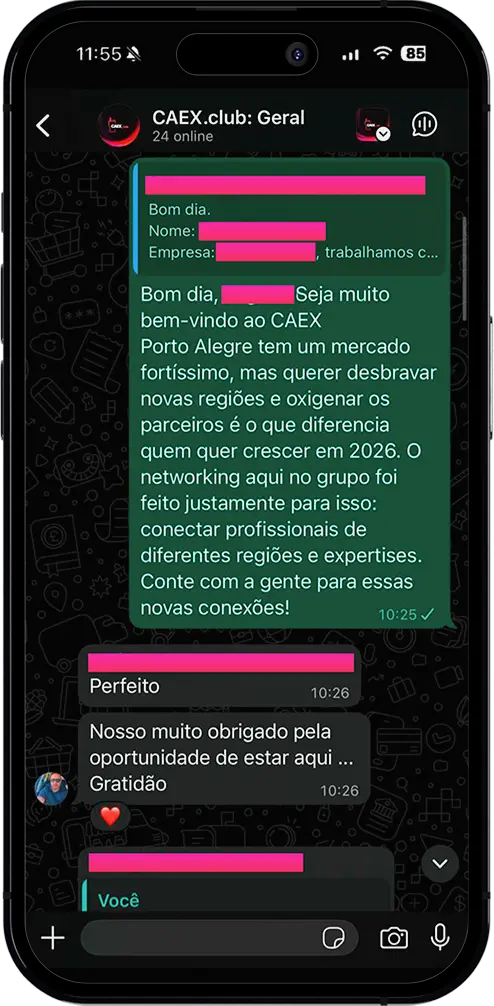 Print de conversa do WhatsApp da comunidade CAEX.club mostrando troca de experiências entre produtores