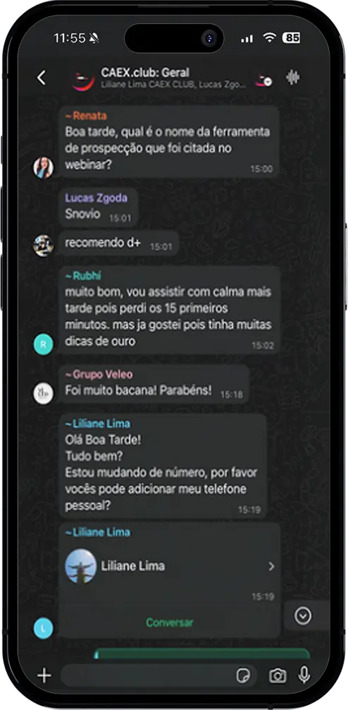 Print de compartilhamento de insights e dicas práticas na comunidade CAEX.club